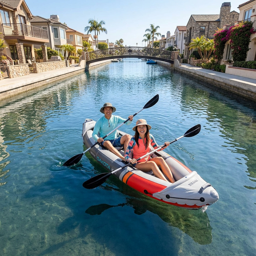 Asian couple paddling the Dakota K2 tandem kayak on Naples Island canal