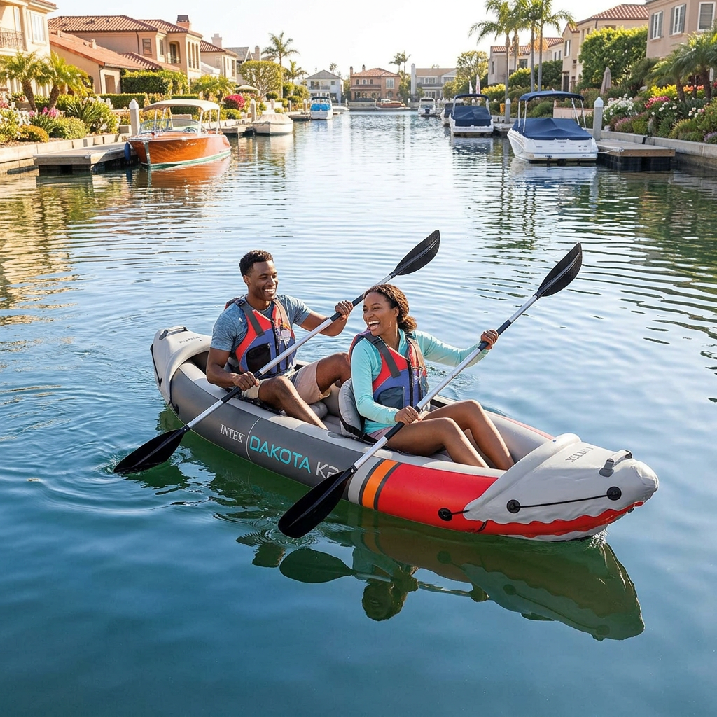 Black couple paddling the Dakota K2 tandem kayak on Naples Island canal
