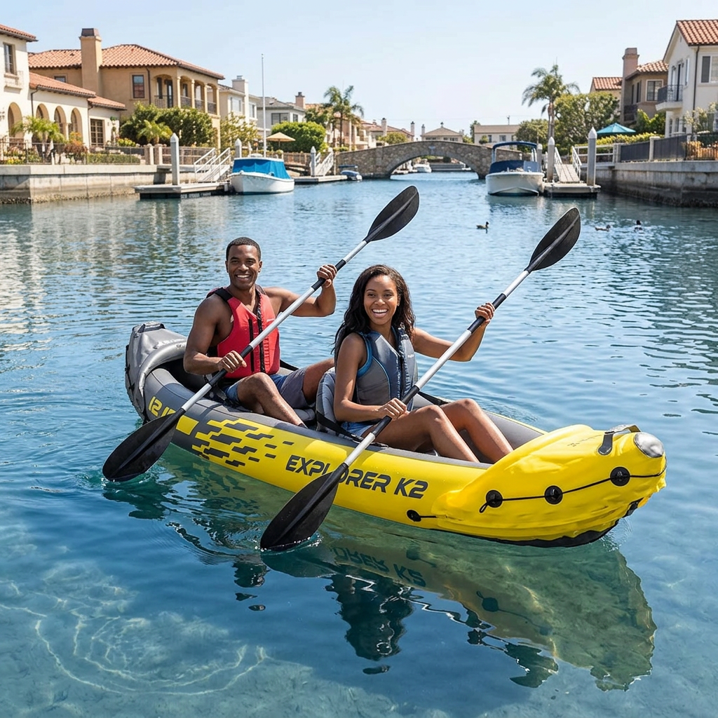 Black couple paddling the Explorer K2 tandem kayak on Naples Island canal