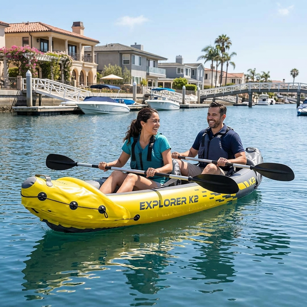 Latino couple paddling the Explorer K2 tandem kayak on Naples Island canal