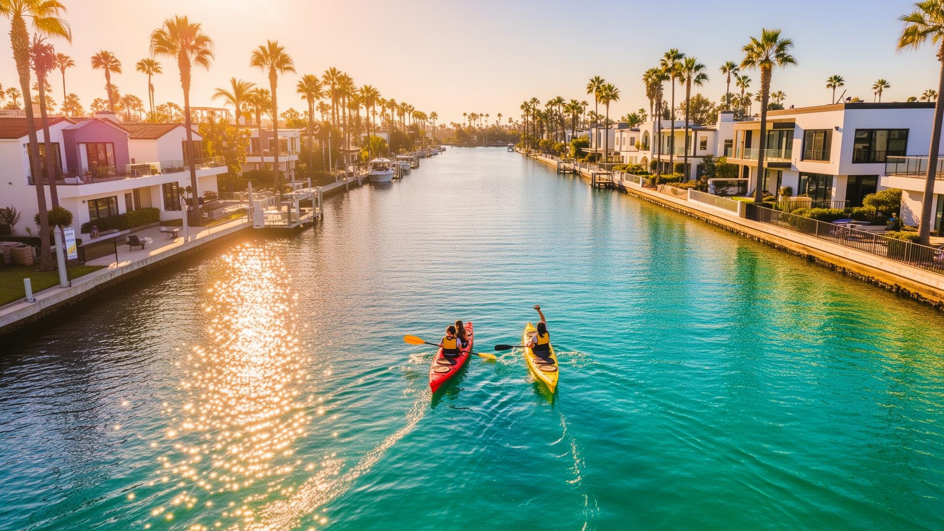 Kayakers paddling in Naples Island canals, Long Beach, California